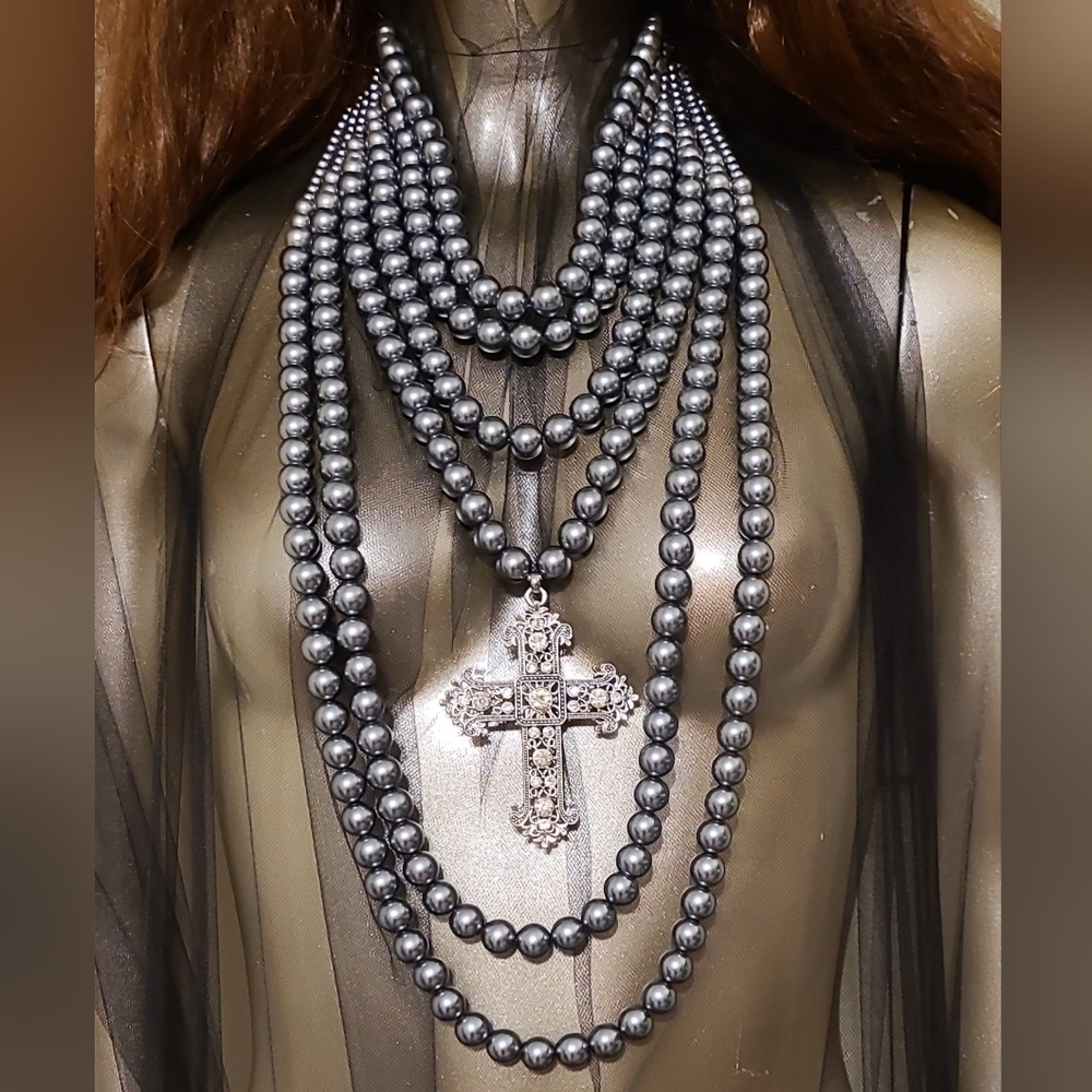 Multi-strand layered grey pearl statement necklace with Baroque cross pendant
